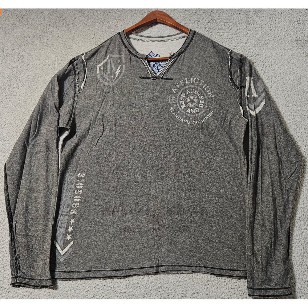VTG Y2K Affliction Reversible Thermal Long Sleeve Distressed Shirt Men 2XL Biker